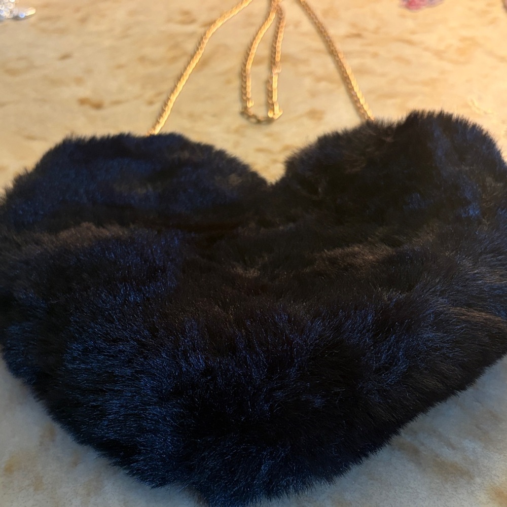 Black Faux Fur Heart-Shaped Bag New
